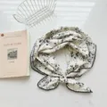 Elegant floral print 100% cotton square neck scarf with delicate black lace trim decoration - 68cm / White Small Floral