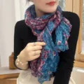 Lightweight blue and purple floral pleated cotton linen scarf and shawl for women - Floral Print Style / 175cm / Floral Blue