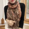 Artistic floral pleated cotton-linen scarf with brown and orange patterns for women. - Floral Print Style / 175cm / Floral Coffee