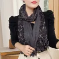 Elegant dark floral pleated cotton linen shawl scarf for a stylish feminine look - 小玉兰印花款 / Small Magnolia Black / 175cm