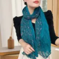 Elegant teal blue cotton linen floral crinkle scarf and lightweight shawl for women - 小玉兰印花款 / Small Magnolia Lake Blue / 175cm
