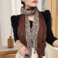 Elegant floral cotton linen wrinkled scarf in brown and beige tones for stylish women - 小玉兰印花款 / Magnolia coffee / 175cm