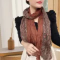 Elegant floral printed cotton linen crinkle scarf in warm brown for a vintage look - 小玉兰印花款 / Small Magnolia caramel / 175cm