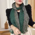 Lightweight dark green floral wrinkled cotton linen scarf for women with artistic vibe - 小玉兰印花款 / Small Magnolia Green / 175cm