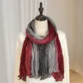 Elegant artistic cotton linen pleated scarf with a stylish gray and wine red gradient color - Gradient Print / Gradient Dark Red / 175cm