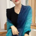 Elegant blue gradient pleated cotton linen scarf and shawl for women travel styling - Gradient Print / Gradient Blue / 175cm