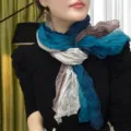 Soft pleated cotton linen scarf with blue and grey color block for women - Gradient Print / 175cm / Gradient Dark Cyan