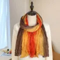 Multicolor pleated cotton linen scarf with earthy tones of brown, orange and yellow - Three-color Patchwork Style / 175cm / Tri-color Orange Yellow