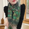 Vintage green floral cotton linen pleated scarf accessory shown on female model - Ethnic Floral Style / 175cm / Ethnic Green