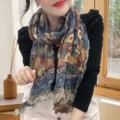 Vintage bohemian pleated cotton-linen floral scarf with a colorful mosaic pattern - Ethnic Floral Style / 175cm / Ethnic Navy