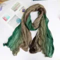 Artistic cotton linen wrinkled scarf with green and brown gradient tones - Tri-color Patchwork Pleated Style / 175cm / Tri-color Emerald Green