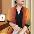 Lightweight pleated cotton linen shawl with orange and green gradient color - Tri-color Patchwork Pleated Style / 175cm / Tri-color Blue & Coffee