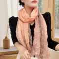Elegant pleated cotton linen gradient scarf in soft peach and coffee brown tones - Tri-color Patchwork Pleated Style / 175cm / Tri-color Snow Bud