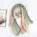 Soft and elegant pleated cotton linen scarf with pastel gradient color for travel - Tri-color Patchwork Pleated Style / 175cm / Tri-color Pink & Green
