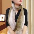 Elegant thin crinkled cotton linen scarf featuring a green and beige gradient for women - Tri-color Patchwork Pleated Style / 175cm / Three-Color Green
