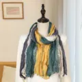 Artistic pleated cotton linen scarf with yellow and green color-blocking for travel photography - Four-color Patchwork Pleated Style / 175cm / Four-color Yellow & Gray