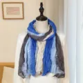 Artistic blue gradient pleated cotton linen shawl scarf for travel and daily wear - Four-color Patchwork Pleated Style / 175cm / Four-color Royal Blue & Gray
