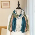 Lightweight multi-color cotton linen wrinkled scarf shawl for women - Four-color Patchwork Pleated Style / 175cm / 4-Color Snow Bud Green