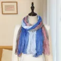 Artistic lightweight wrinkled cotton linen scarf shawl in blue and pink color block - Four-color Patchwork Pleated Style / 175cm / 4-Color Blue Pink