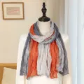 Artistic lightweight pleated cotton linen scarf with orange and grey color blocking design - Four-color Patchwork Pleated Style / 175cm / 4-Color Orange Grey