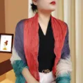 Thin pleated cotton linen blend scarf with elegant multi-color block design for travel - Four-color Patchwork Pleated Style / 175cm / 4-Color Dark Teal Green