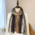Elegant pleated cotton linen scarf with earth-tone stripes displayed on a mannequin - Four-color Patchwork Pleated Style / 175cm / 4-Color Light Cyan