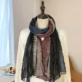 Artistic cotton linen crinkled scarf with color-block design for travel and photography - Four-color Patchwork Pleated Style / Navy Blue 4-Color / 175cm
