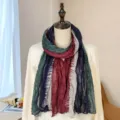 Artistic pleated cotton linen scarf featuring colorful vertical stripes for a travel aesthetic - Four-color Patchwork Pleated Style / Purple Red 4-Color / 175cm
