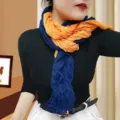 Elegant crinkled cotton-linen scarf wrap in navy blue and orange for women fashion accessory - Dual-color Patchwork Pleated Style / Navy Blue and Yellow / 175cm