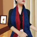 Pleated cotton linen scarf in navy blue and dark red, breathable lightweight shawl for women. - Dual-color Patchwork Pleated Style / Navy Blue and Deep Red / 175cm