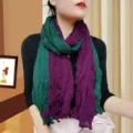 Artsy lightweight cotton linen pleated scarf in emerald green and purple wrap shawl - Dual-color Patchwork Pleated Style / Purple and Green / 175cm