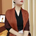 Elegant terracotta pleated cotton-linen shawl for women styled with black V-neck top - Dual-tone Caramel Coffee / 175cm