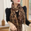 Artistic leopard print cotton linen pleated scarf thin shawl wrap for women - Leopard Coffee / 175cm