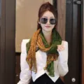 Artistic green and brown floral pleated cotton linen scarf shawl for travel photography - Dual-tone Floral Green / 175cm