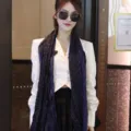 Dark blue floral pleated cotton linen scarf shawl for women worn by a female model - Dual-tone Floral Navy Blue / 175cm