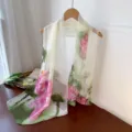 Elegant lightweight georgette silk scarf with pink lotus and green leaf prints for women - Fresh Green Lotus / 160cm