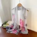 Elegant lightweight floral georgette scarf with pink lotus print for women spring autumn fashion - Gray Lotus / 160cm