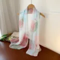 Elegant lotus floral georgette scarf with pink lotus print on light blue background - Water Blue Lotus Leaf / 160cm