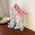 Elegant pink printed chiffon long scarf with teal lotus leaf pattern for women's fashion - Peach Pink Lotus Leaf / 160cm