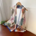 Fashionable floral georgette scarf for women featuring multi-colored prints and blue trim - Rose Red & Green Peony / 160cm