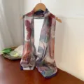 Elegant floral printed georgette scarf for women, lightweight long wrap displayed on hanger. - Blue & Orange Peony / 160cm