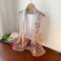 Elegant floral print chiffon scarf for women, lightweight semi-transparent silk shawl. - Light Gray Plum / 160cm