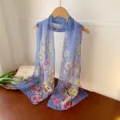 Elegant blue floral print Georgette silk scarf for women stylish sun protection shawl - Blue Plum / 160cm