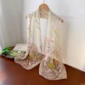 Elegant beige georgette scarf featuring delicate pink and yellow floral blossom prints - Beige Plum / 160cm