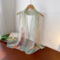 Elegant light green georgette long scarf with intricate floral plum blossom prints - Rice Green Plum / 160cm