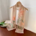 Elegant peach georgette long scarf featuring rose print for women's fashion wear. - Khaki Rose / 160cm