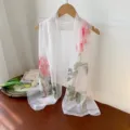 Elegant white georgette long scarf featuring a red floral print on a wooden hanger. - White - Rose / 160cm