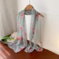 Elegant sage green floral print georgette long scarf for women lightweight sun shawl - Emerald Green Peony / 160cm
