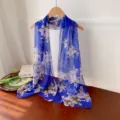 Elegant blue Georgette floral print long scarf for women - Royal Blue Peony / 160cm