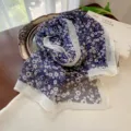 Elegant dark blue Georgette chiffon scarf with delicate white floral print and white borders - Blue Floral / 160cm